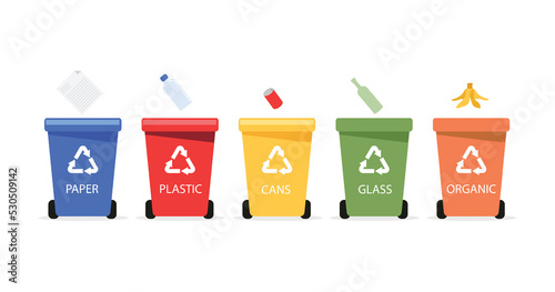 Waste recycling. Containers with separate garbage. Ecology concept. Vector illustration flat design style. 