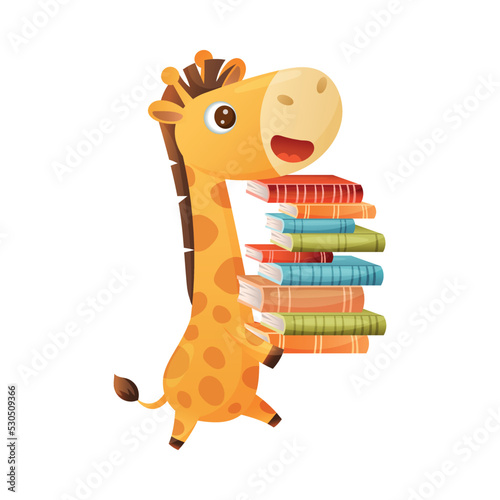 Cute Giraffe Animal Carrying Pile of Books in Hard Cover for Reading Vector Illustration