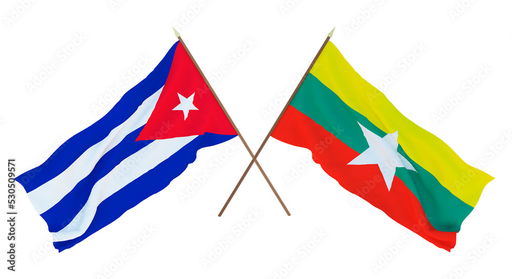 Background, 3D render for designers, illustrators. National Independence Day. Flags Cuba and Myanmar Background, 3D render for designers, illustrators. National Independence Day. Flags Cuba and Myanmar