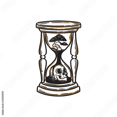 vintage hourglass illustration with skull and tree in it