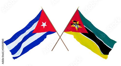 Background, 3D render for designers, illustrators. National Independence Day. Flags Cuba and Mozambique