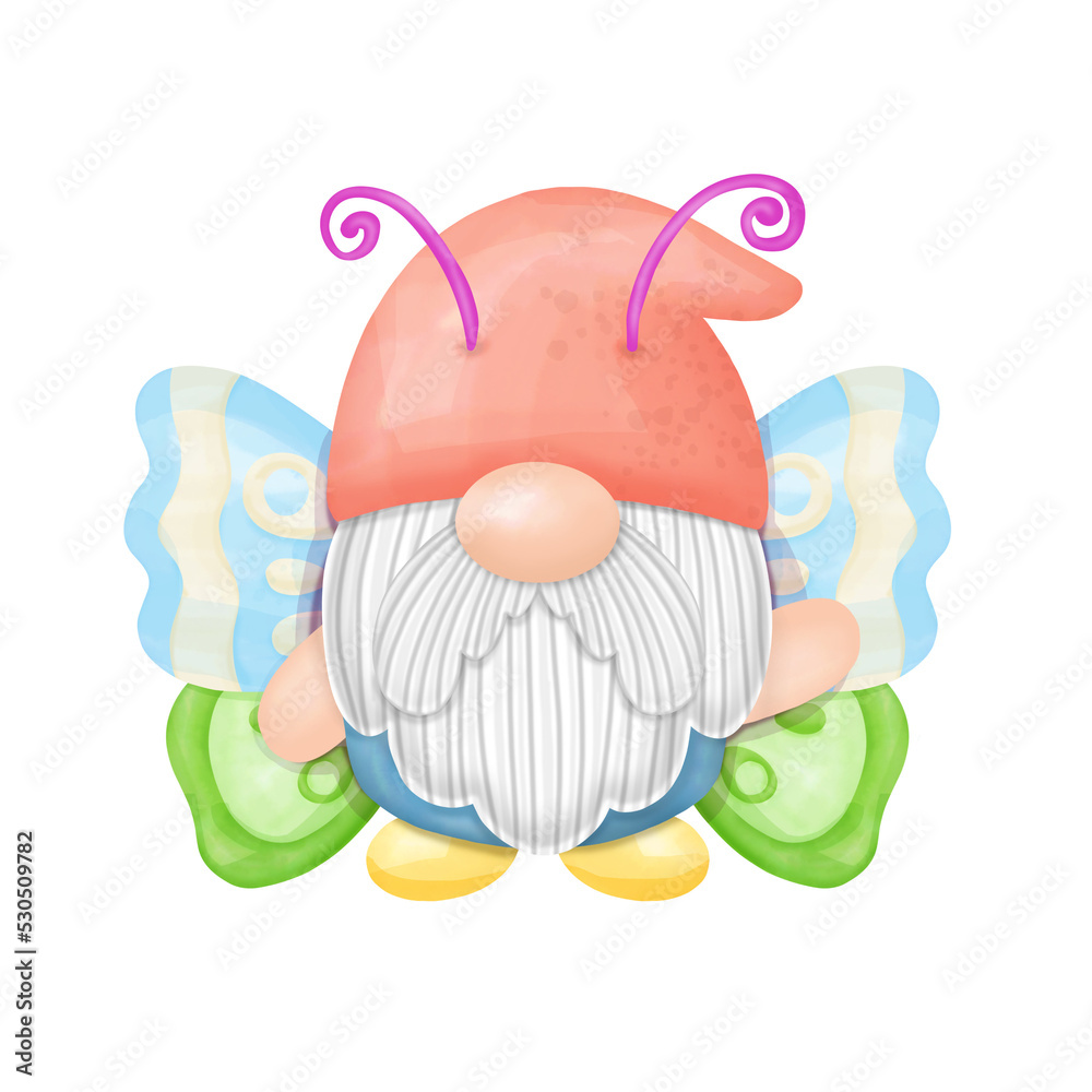 Fototapeta premium Gnomes wearing Butterfly Watercolor Clipart.