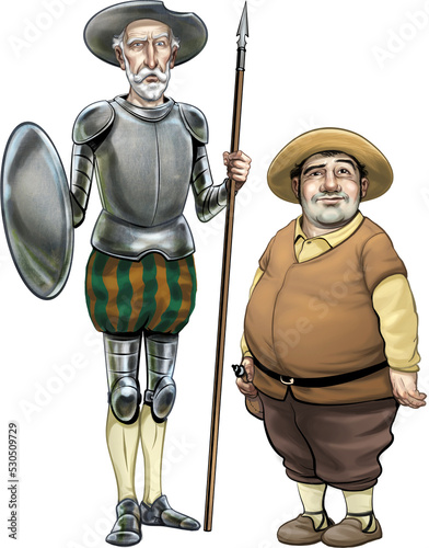 Illustration cartoon of Don Quixote and Sancho Panza on transparent background. photo