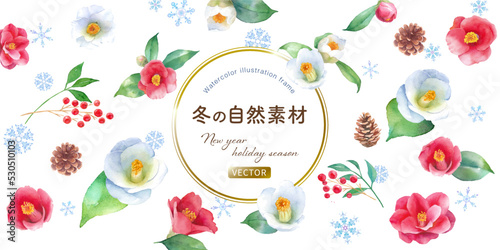 冬の植物の装飾フレーム。紅白の椿、松ぼっくり、南天、雪の結晶の水彩イラスト。（ベクター）
