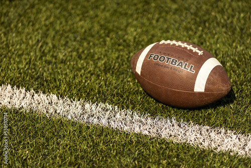 American football ball on the grass of a stadium