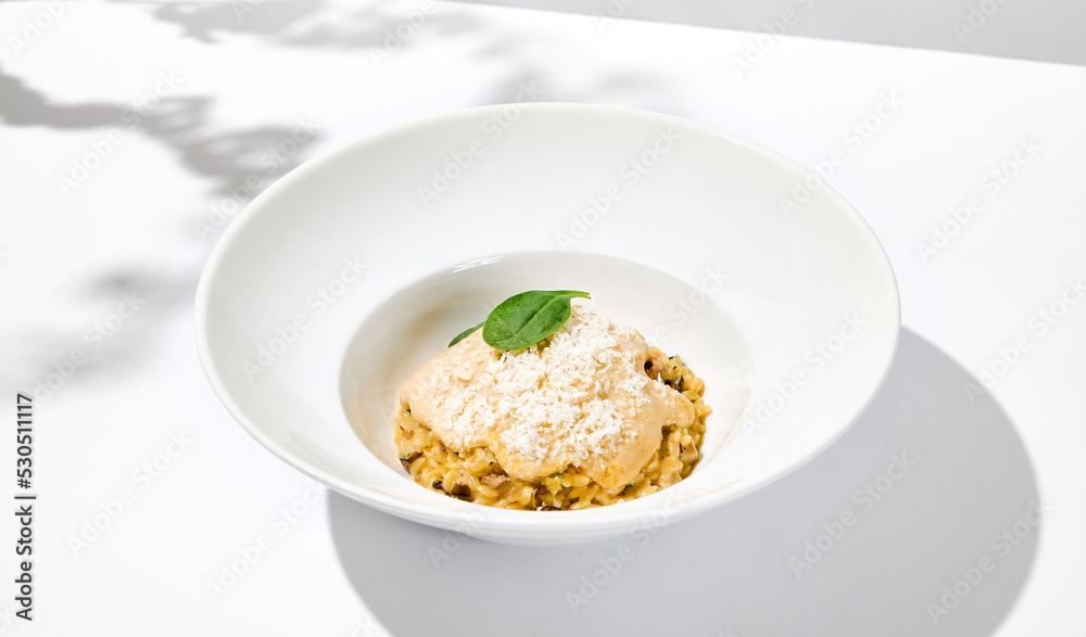 Italian food - mushrooms risotto with creamy espuma on light background. Mushroom risotto with cheese in summer menu Italian risotto with hard shadows from tree leaves. Trendy menu concept Italian food - mushrooms risotto with creamy espuma on light background. Mushroom risotto with cheese in summer menu Italian risotto with hard shadows from tree leaves. Trendy menu concept
