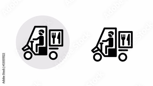 Icon of  a food delivery pictogram man driving a trike. Looped animation with a luma matte.	

