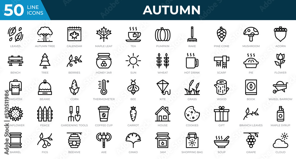 Set of 50 Autumn icons in line style. Leaves, berries, sweater. Outline icons collection. Vector illustration Set of 50 Autumn icons in line style. Leaves, berries, sweater. Outline icons collection. Vector illustration