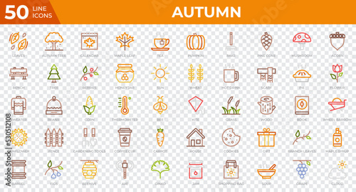 Set of 50 Autumn icons in colored line style. Leaves, berries, sweater. Colored outline icons collection. Vector illustration