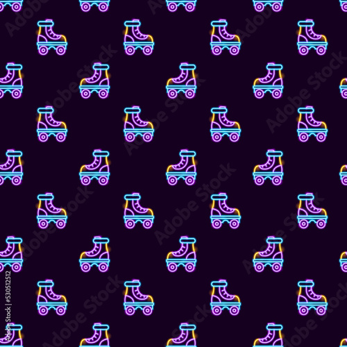 Roller Skate Neon Seamless Pattern. Vector Illustration of Sport Glowing Object.