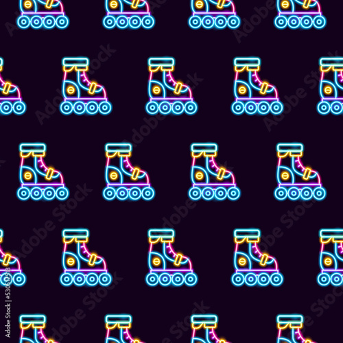 Roller Skating Neon Seamless Pattern. Vector Illustration of Sport Glowing Object.