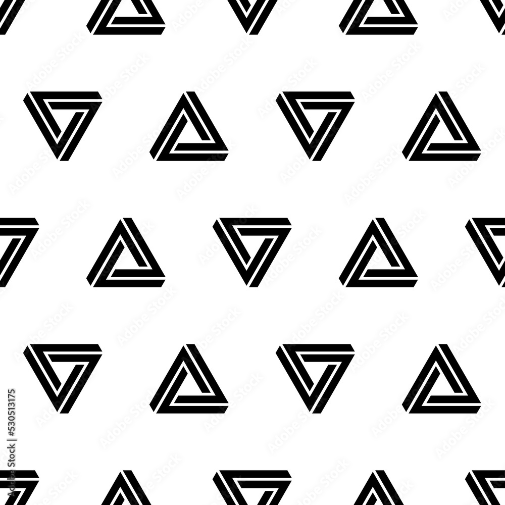 Penrose triangle icon seamless pattern. Impossible vector geometric shape object. Optical illusion illustration. Infinity 3D element