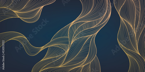 Vector abstract golden luxury pattern, lines background. Line arts wallpaper. Wavy art deco texture for print, fabric, packaging design. Laves, organic, landscape art in japanese style.