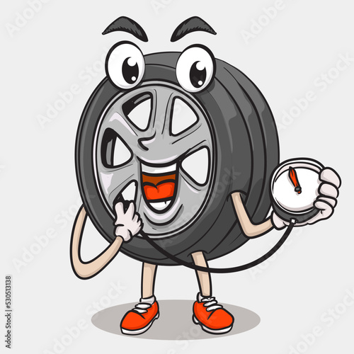 smile face tyre character holding tire preasure. funky tire mascot icon illustration