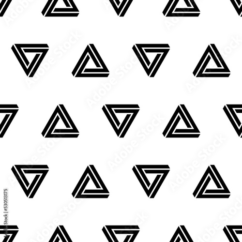 Penrose triangle icon seamless pattern. Impossible vector geometric shape object. Optical illusion illustration. Infinity 3D element