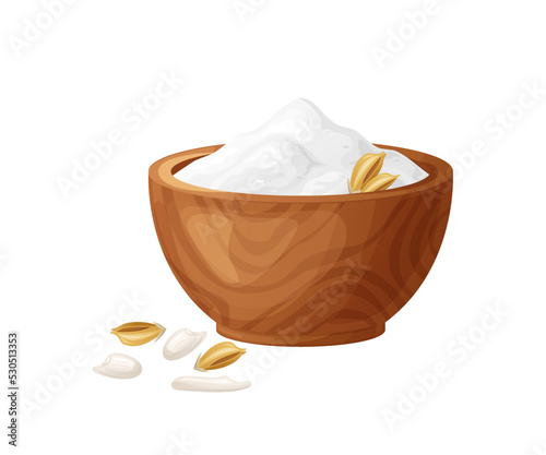 Rice flour in wooden bowl with seeds. Healthy gluten free food. PO7owed in organic product. Vector illustration isolated on white background