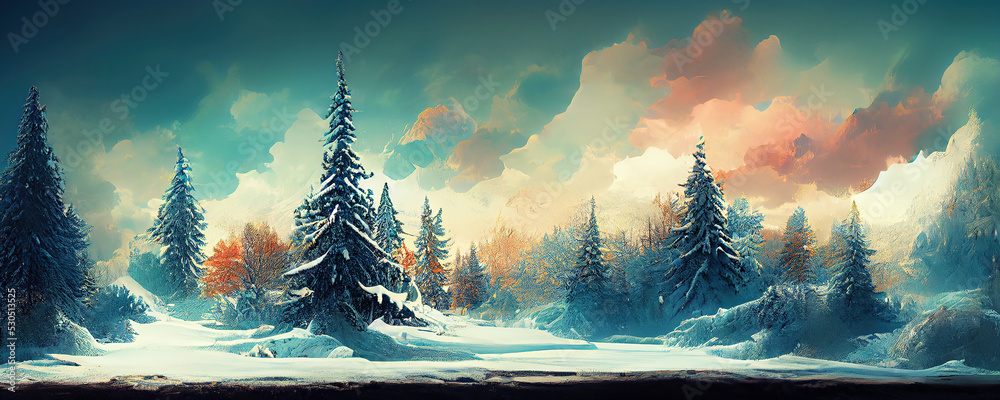 Winter wonderland background wallpaper with trees and snow Stock