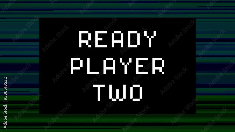 Decoding messages on a computer screen: ready player one (then two, three, four); 8-bit retro font, green text on a black background with analog Amiga-style loading lines.
