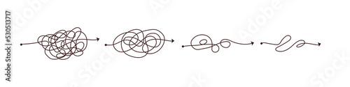 Simple line and complex easy way. Scribble doodle chaos mindset. Problem solving  difficult line. Vector hand drawn concept path