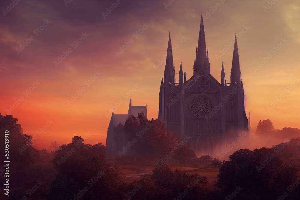 A beautiful sunset behind a medieval cathedral