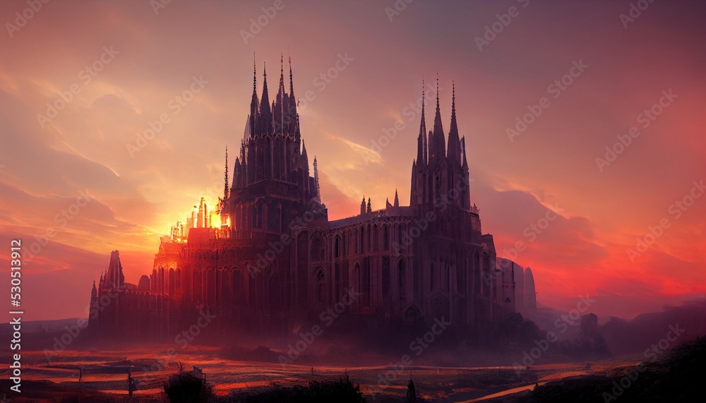 A beautiful sunset behind a medieval cathedral