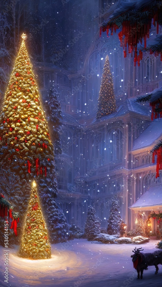 New Year's winter garden with decorated Christmas trees, lights, garlands. Festive New Year decorations, festive city. Christmas lanterns, decorated street, winter, snow, postcard. 3D illustration New Year's winter garden with decorated Christmas trees, lights, garlands. Festive New Year decorations, festive city. Christmas lanterns, decorated street, winter, snow, postcard. 3D illustration
