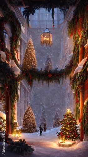 New Year's winter garden with decorated Christmas trees, lights, garlands. Festive New Year decorations, festive city. Christmas lanterns, decorated street, winter, snow, postcard. 3D illustration © MiaStendal