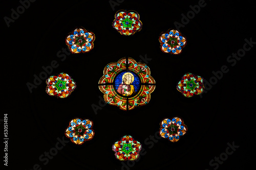 Stained-glass window depicting Saint Joseph. Blumental church in Bratislava, Slovakia. 2021/07/20. photo