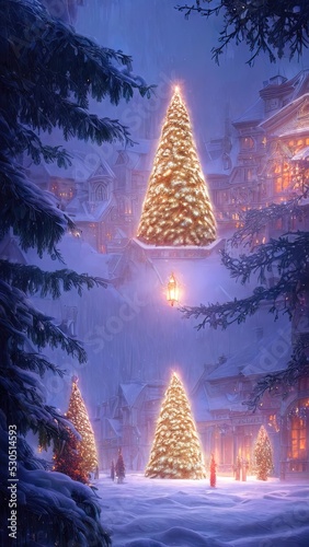 New Year's winter garden with decorated Christmas trees, lights, garlands. Festive New Year decorations, festive city. Christmas lanterns, decorated street, winter, snow, postcard. 3D illustration