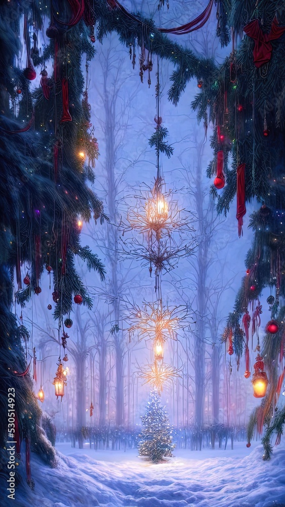 Fototapeta premium New Year's winter garden with decorated Christmas trees, lights, garlands. Festive New Year decorations, festive city. Christmas lanterns, decorated street, winter, snow, postcard. 3D illustration
