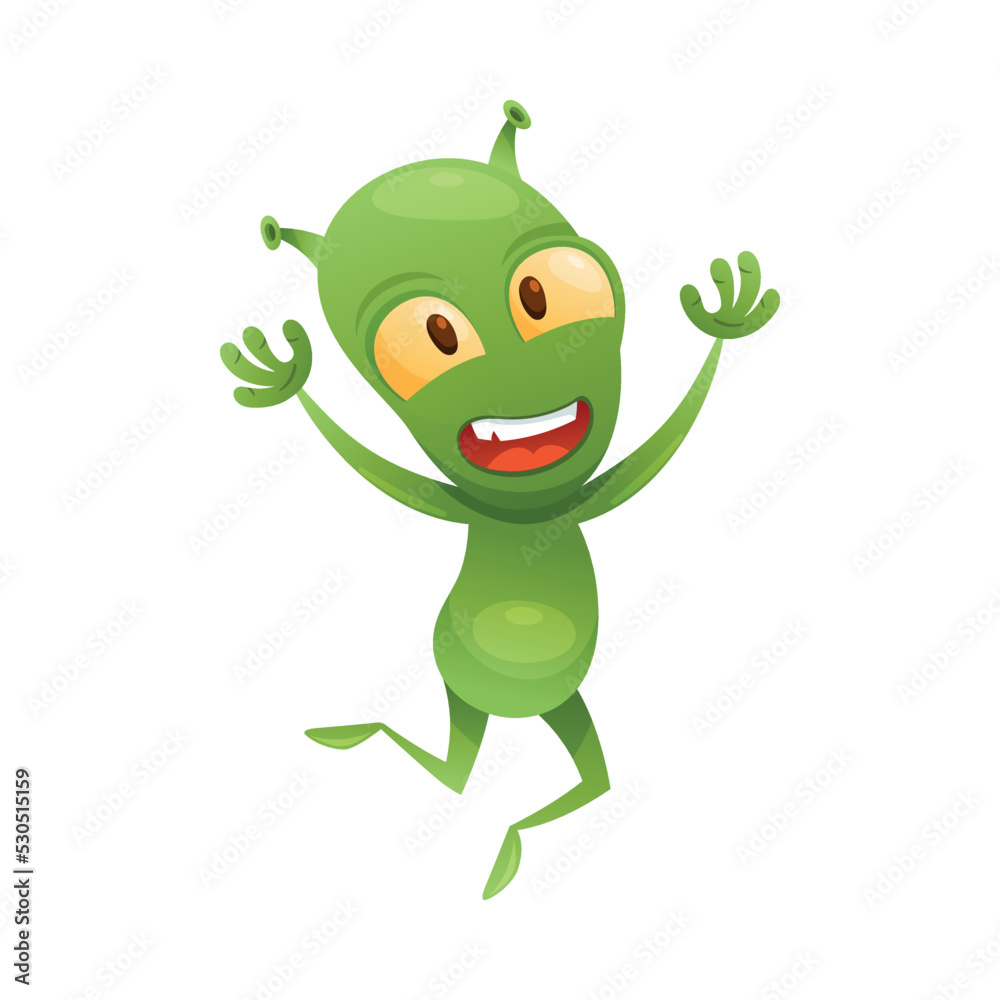 Funny Green Alien Character with Big Eyes and Small Antenna on Head Jumping with Joy Vector Illustration Funny Green Alien Character with Big Eyes and Small Antenna on Head Jumping with Joy Vector Illustration