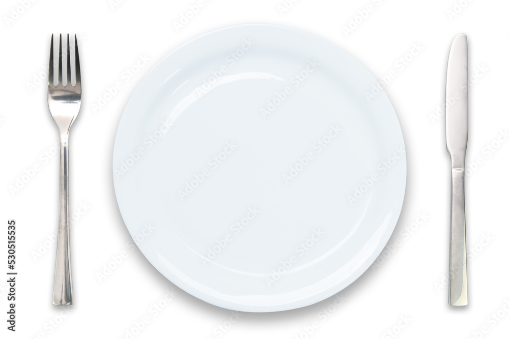Cooking template - top view of an empty white plate with knife and fork isolated on a transparent  background