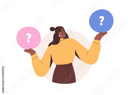 Make choice, decision concept. Puzzled business woman doubting, deciding, setting priorities. Questioned employee thinking, analyzing two options. Flat vector illustration isolated on white background