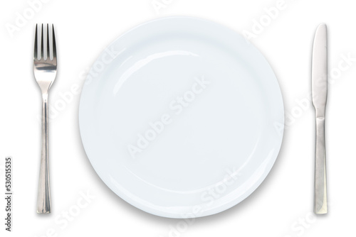 Cooking template - top view of an empty white plate with knife and fork isolated on a transparent  background photo