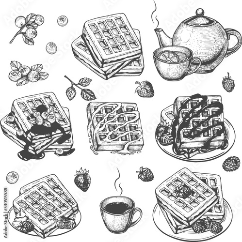Belgian waffles with chocolate cream and blueberries, raspberries, strawberries vector sketch. teapot with mug of tea and belgian waffles sketch. coffee cup drawing vector. doodles vector. eps