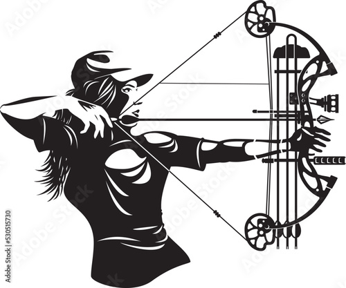 female hunter aiming with compound bow and arrow
