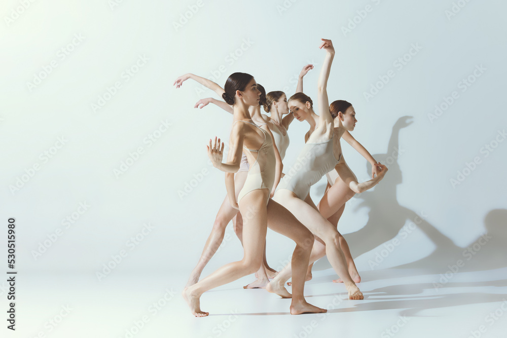 Obraz premium Group of young women, ballerinas dancing, performing isolated over grey studio background. Tender shadows