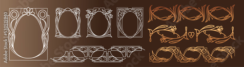 Art nouveau collection of borders, corners, frames and decorative elements on brown background