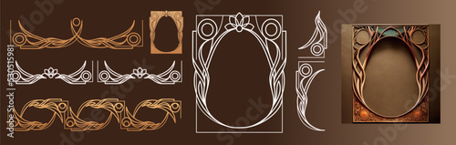 Art nouveau collection of borders, corners, frames and decorative elements on brown background photo