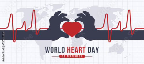 world heart day dark hands hold red heart sign with line heart wave around on world map texture background vector design