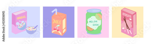 Set of y2k isolated kawaii hand-drawn trendy snacks