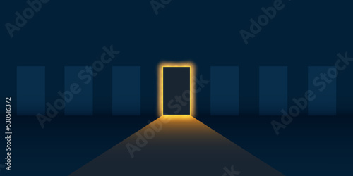 Dark Room, Low Light Coming In Through One of Many Closed Doors - Which Way to Choose? - Best Choice, Decision,Alternatives, New Possibilities, Hope, Overcome Problems, Solution Finding Concept Design