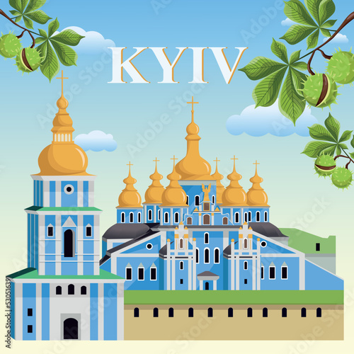 View of Kyiv-Mikhailivskyi Golden Dome Cathedral. Kyiv, Ukraine. Vector illustration