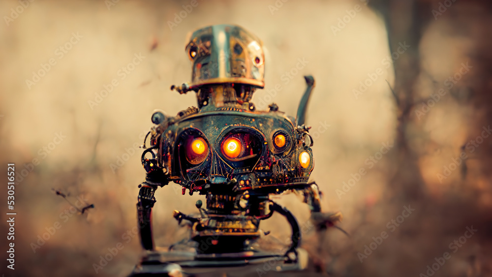 Fototapeta premium Scary robot android. Old metal, mechanisms, gears