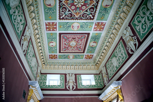 Luxurious coffered ceilings with richly ornamented moldings of the Bulgakov Palace. Zhilichi. Mogilev region. Belarus photo