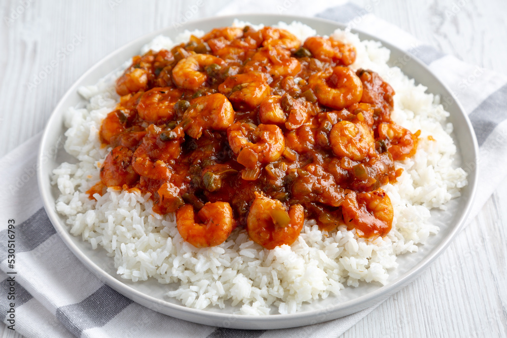 Homemade Cuban Shrimp Creole on a Plate, side view. Homemade Cuban Shrimp Creole on a Plate, side view.