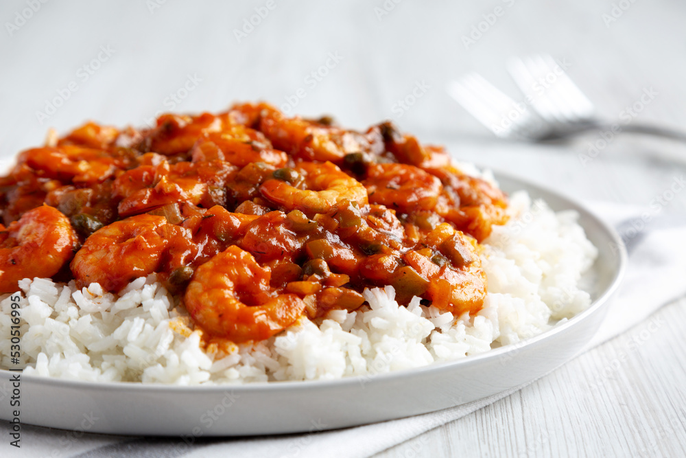 Homemade Cuban Shrimp Creole on a Plate, low angle view. Close-up. Homemade Cuban Shrimp Creole on a Plate, low angle view. Close-up.