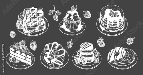sweet menu vector chalk on black background. blueberry pancakes, donuts, cupcakes, pie, Belgian waffles, croissants, macarons vector set sketch.