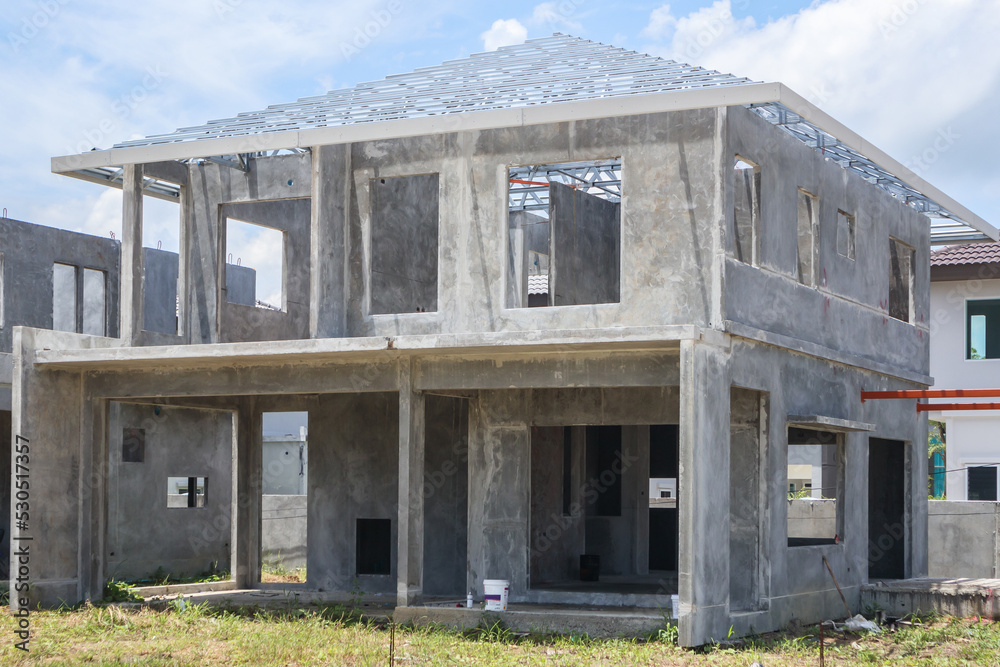 construction residential new house with prefabrication system in progress at building site