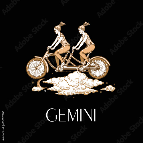 Zodiac constellation Gemini. Two girls ride a bike on the clouds. Horoscope. Astrology. Graphics.